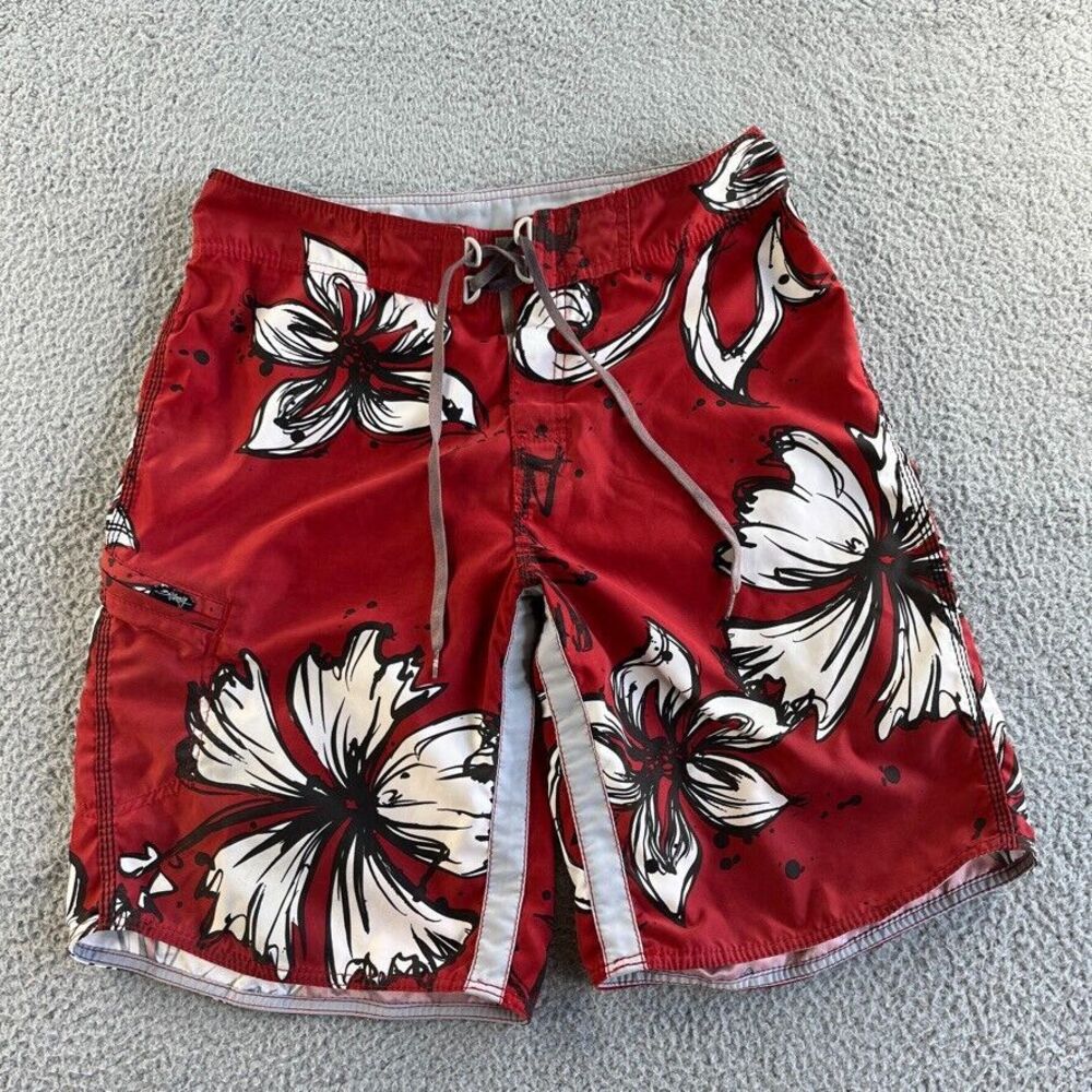 Vintage Billabong Board Shorts Mens 32 Red Swim Trunks Floral Beach Surf Aloha